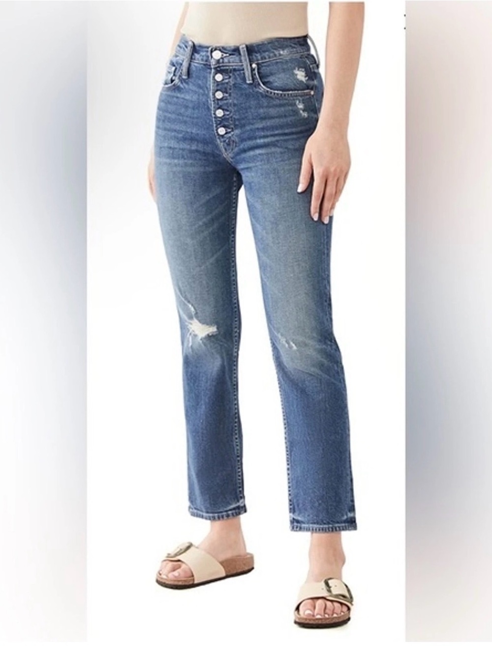 MOTHER Superior The Pixie Tomcat Straight Leg Blue Distressed Jeans Size: 33